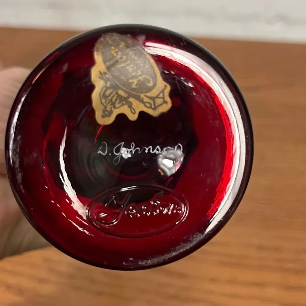 Vintage Fenton Ruby Red Holly Pedestal Vase - Signed and Stamped